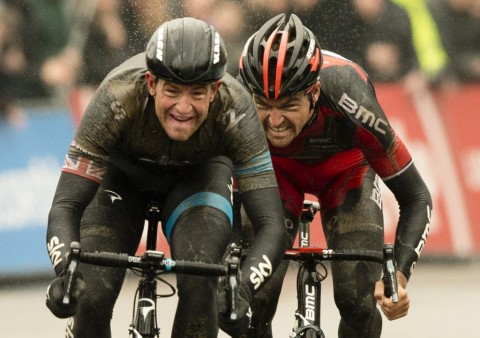 20140301 - GENT, BELGIUM: Belgian Greg Van Avermaet (R) of BMC Racing Team and British Ian Stannard (L) of Team Sky sprint for the finish line at the end of the 69th edition of the Omloop Het Nieuwsblad cycling race, Saturday 01 March 2014, in Gent. BELGA PHOTO BENOIT DOPPAGNE